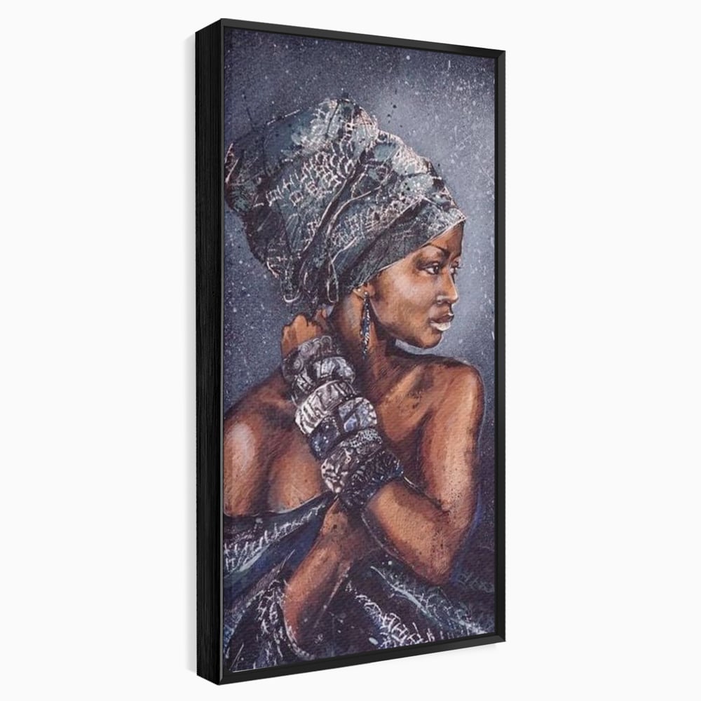 Tablou canvas cu tablou canvas cu portret de femeie africana, in rama de aluminiu negru